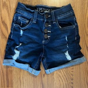 Girls Justice high rise button front dark wash denim shorts Size 8 Distressed
